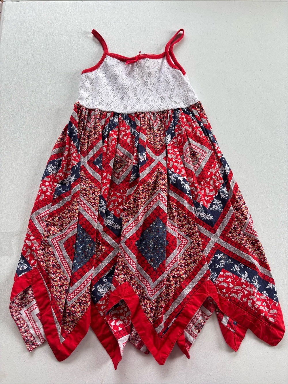 Blueberi Boulevard Red and Navy Patchwork Handkerchief Hem Dress